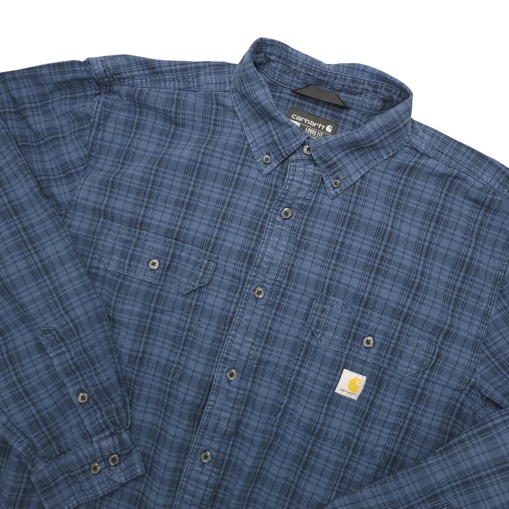 Carhartt Shirt Mens XL Blue Plaid Long Sleeve Button Up Loose Fit Workwear